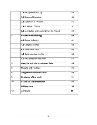 [6]
3.1 Background of Study 48
3.2 Review of Literature 53
3.3 Statement of Problem 56
3.4 Objective of Study 57
3.5 contribution and Learning from the Project 58
4. Research Methodology 60
4.1 Research Design 61
4.2 Sampling Method 62
4.3 Sources of Data 63
4.4 Data collection method 64
4.5 Data collection instrument 64
5 Analysis and Interpretation of Data 65
6 Results and Findings 86
8 Suggestions and conclusion 89
9 Limitation of the study 91
10 Scope for further research 93
11
12
Bibliography
Annexure
95
96
 