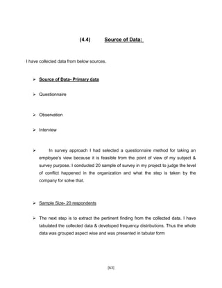 [63]
(4.4) Source of Data:
I have collected data from below sources.
 Source of Data- Primary data
 Questionnaire
 Observation
 Interview
 In survey approach I had selected a questionnaire method for taking an
employee’s view because it is feasible from the point of view of my subject &
survey purpose. I conducted 20 sample of survey in my project to judge the level
of conflict happened in the organization and what the step is taken by the
company for solve that.
 Sample Size- 20 respondents
 The next step is to extract the pertinent finding from the collected data. I have
tabulated the collected data & developed frequency distributions. Thus the whole
data was grouped aspect wise and was presented in tabular form
 