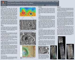 GEOMORPHIC MAPPING OF CRATER FLOOR DEPOSITS IN SOUTHERN MARGARITIFER TERRA, MARS
Hiruni Senarath Dassanayake and Kevin K. Williams
Earth Sciences and Science Education, Buffalo State (SUNY), Buffalo, NY 14222 williakk@buffalostate.edu
Figure 3. (above) Alluvial fan in Crater 1. Scale
bar is 2.5 km. Themis image projected in
JMARS. (Right) HiRISE image of landslide in
Crater 1. Scale bar is 500 m. (Middle Right)
Fluvial erosion featured on wall of Crater 1.
Scale bar is 1000 m. (Far Right) Texture of floor
in Crater 3. Scale bar is 500 m.
METHOD
To understand how water affected the geologic history of
southern Margaritifer Terra in an area that had not yet been
mapped in detail, a study area bounded by 343.76 to 345.56 E
longitude and -25.11 to -23.61 latitude was identified, mapped,
and compared to existing literature and geologic maps of the
region. This area was chosen because it is part of a larger
ongoing mapping campaign in the Margaritifer Terra region, and
there are several interesting geomorphic features within the
craters.
Software
The Java Mission-planning and Analysis for Remote Sensing
(JMARS) software was used to align images and other Mars data.
JMARS is a geospatial information system (GIS) which provides
information for mission planning and data analysis and can also
be used for projects such as this. This project used multiple data
sets to reveal the geologic history of the chosen area.
In addition, photogeologic analysis was used to create the map
utilizing a variety of image datasets. These included data from the
High Resolution Stereo Camera (HRSC) (10 m/pixel), Context
Imager (CTX) (6 m/pixel), Thermal Emission Imaging System
(THEMIS) daytime thermal infrared (IR) camera (100 – 230
m/pixel), THEMIS visible camera (~20 m/pixel), High Resolution
Imaging Science Experiment (HiRISE) (1.3 m/pixel), and the Mars
Obiter Laser Altimeter (MOLA) (128 pixels per degree) as
described in Christensen et al. (2009). Image analysis was
performed by comparing the geomorphology of features in the
study area to geomorphology on Earth. Examples of several
images used in this study are shown in Figure 3.
Geomorphic Map
By viewing the images and topographic data sets, the
geomorphology of the study area was analyzed to create a map
(Figure 4) within JMARS. The layer manager in JMARS helped to
add, delete and edit different layers needed to create the map. It
helped to turn on the relevant layer maps, and the opacity bar
helped to line up the polygons and images and to see layers
under one another by changing the opacity. The layer manager
also helped to plot topographic profiles and to make changes in
settings as required.
The stamp layer was important for showing image locations on
the surface of Mars. Different parameters such as latitude and
longitude can be selected to study the chosen area. Each stamp
was opened in a web browser to assess its usefulness, then
selected stamps were rendered in JMARS to create the map
base.
Shape layers in JMARS were used to draw points, lines,
polygons and circles on the rendered images to identify important
geologic features in formation of the map (Figure 4). The shape
layer gives information about the shapes that were drawn such as
the area of a polygon. The color of each shape was selected to
match the geologic units in other peer-reviewed maps.
Observations and interpretations of each unit type were compiled
in the Description of Map Units.
RESULTS
The area studied contains five large impact craters of various
ages. Four of the craters appear to be moderately degraded and
one appears to be well-preserved. A geomorphic map of the area
was compiled in order to consider the nature and timing of surface
processes within the five large craters.
The crater Dison, in the southwest corner of the map (Crater
5), is 20.7 km in diameter and has an alluvial fan emanating onto
its floor from the southeast. The crater to the east of Dison (Crater
4) is larger and older, as it contains some of the ejecta from Dison.
It also has a smooth deposit coating the northwestern part of its
interior. This smooth material is interpreted to be an aeolian
deposit blown in from the northwest. This smooth deposit is also
seen in a larger crater to the north (Crater 3) and another crater to
the east end of the map (Crater 1).
Crater 1 is 38.8 km in diameter and has four distinct alluvial
fans of different ages spreading onto its floor as well as several
fans that coalesce into a bajada along the eastern side of the
crater. The older fans have steep fronts, which suggests that a
lake existed in the crater when they formed. Younger fans do not
exhibit steep fronts. The geomorphology of the fans suggests the
presence of a crater lake during formation of the older fans but not
during formation of the younger fans. One of the youngest
features in this crater is a landslide on its eastern wall. This crater
lies within an older, slightly larger crater (Crater 2), and all five of
the large craters in the study area have gullies or rilles in their
walls that indicate fluvial erosion.
Water appears to have ponded between Craters 2 and 4. The
older valley network material in the northwest corner of the map
probably connects to other larger channels toward the northwest.
Although some of these features likely formed from overland
flow, some could be the result of rainfall or snowmelt. Snowmelt
could have caused interesting geologic features such as
channels, gullies, alluvial fans and landslides. Areas outside of the
craters are mostly covered by an old plains unit, several areas of
older cratered plateau material, and several younger impact
craters and their ejecta. Overall, this area possesses an
interesting combination of features that reveal the history of
geologic processes that have shaped the surface including impact
cratering, mass wasting, and fluvial erosion and deposition.
INTRODUCTION
Mars has a complex geologic history involving impact
cratering, volcanoes, fluvial erosion, and other processes.
Previous findings show that the Margaritifer Terra region has
experienced a lot of fluvial activity, erosion, transport, and
deposition (e.g. Saunders, 1979; Parker, 1985; Grant, 1987).
More recently, Grant and Wilson (2011; 2012) have provided
further insight into water-driven activities within impact craters in
southern Margaritifer Terra. They discuss how alluvial fans on
Mars are concentrated on cratered highlands, and their results
enhance Howard and Moore’s 2005 study on cratered highlands
on Mars which are concentrated in the southern Margaritifer Terra,
southwestern Terra Sabaea, and southwestern Tyrrhena Terra.
While various areas in Margaritifer Terra have been mapped at
greater detail than earlier studies (Williams et al., 2007; Fortezzo,
2009; Grant et al., 2009; Grant and Wilson, 2011, 2012), there
remain additional cratered areas where detailed mapping will help
our understanding of the geologic history of this region of Mars.
Specifically, a region of five craters (Figure 1) between
previously mapped areas holds several interesting features such
as alluvial fans and mass wasting deposits. By studying the
shapes and ages of alluvial fans and their relationships to their
host craters, it is possible to better understand the role of water in
shaping these features. This study focusses on mapping this area
of five craters to better understand the geologic history of the local
region.
BACKGROUND
Interest in the geology of the Margaritifer Terra region began
with the Viking program and has continued with recent missions,
which continue to provide evidence that water once shaped the
surface over large regions of Mars.
Detailed images of Mars were first transmitted through the
Viking program. The first geologic map of the entire region of
Margaritifer Terra used Mariner 9 data (1-2 km/pixel) to describe
the area as smooth materials and mountainous areas surrounded
by ancient, cratered highlands (Saunders, 1979).
Now with newer and more accurate mapping techniques,
smaller areas can be mapped to explain the geology in more
detail than over a larger area.
Figure 2 shows a portion of a map by Grant et al. (2009) where
a heavily dissected area experienced impact, aeolian and fluvial
processes throughout Martian geologic history. Their map
indicates that the highland surface underwent severe impact and
fluvial processes early in its history.
Some areas in that region show fluvial erosion, transport and
deposition of material, and as the fluvial processes declined, two
widespread volcanic and aeolian resurfacing events embayed,
subdued, or inundated low lying areas. After the end of the fluvial
activity, small impacts and aeolian processes were the dominant
resurfacing processes (Fortezzo, 2009; Grant et al, 2009)
There are various interpretations as to how fluvial features
formed. One, in some areas of Margaritifer Terra, snow possibly
concentrated in the rim depressions of the craters by aeolian
processes (Grant et al., 2012). Runoff from melting snow could
have given rise to mass wasting and landslides inside some
craters. Alluvial fans can also hold clues to habitable conditions on
Mars since water is responsible for the deposition of alluvial fans
(Grant et al., 2012).
GOALS
This project was performed as an 8-week undergraduate
summer research project with the goal of understanding how
water shaped the surface of a small area in Margaritifer Terra. To
do this the project included creating a geomorphic map through
image interpretation and determining relative ages of features
such as alluvial fans in connection to past effects of water
Acknowledgements
This project was funded by an Undergraduate Summer Research
Fellowship from the Buffalo State Office of Undergraduate Research.
Travel was partially supported by the GSA On to the Future program
and the Buffalo State Office of Undergraduate Research.
Figure 2. A portion of the Grant et al. (2009) map in southern
Margaritfer Terra. The large crater on the left is Crater 1 in
Figure 1.
Figure 1. Location of five large craters in southern Margaritifer
Terra. Numbers correspond to crater number used here. Scale bar
is 25 km wide. Close up of Crater 1 is shown below.
1
5
4
3
2
 