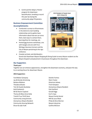 13
2014-2015 Annual Report
 Continued the Adopt a Planter
program for downtown
beautification, breaking a record
this year by having the
community adopt 70 planters.
Business Empowerment Committee
Accomplishments:
 Conducted a survey to all businesses
in the district to start building
relationships and to gather basic
information about how we can serve
them, best ways to contact them,
best day/time for meetings, etc.
 Hosted two business workshops, one
with Google and one with Pure
Michigan Business Connect and the
City of Wayne pertaining to the sign
ordinance.
 Created, printed, and distributed a
brand new Downtown Wayne Shopping & Dining Guide to every Wayne resident via the
Wayne Dispatch and placement in businesses throughout the downtown.
Our Supporters
Thank you!
Together we can enhance appearances, strengthen the downtown economy, and pave the way
to an exciting future for downtown Wayne.
2015 Supporters:
Ford Motor Company
Jay & Brenda Armstrong
Barbara Bilobran
Theodora Brooks
Tom & Claudia Buckalew
Keith Butkovich
Bill & Sharon Copland
Thomas & Mary Anne Daily
Tried & True Thrift Store
Community Living Services
Anonymous Wayne Resident
Community Housing Network
Bruce & Judy Foulk
Deirdre Fortino
Sherri Foster
American Jetway
Trish Hampton
Anonymous Wayne Resident
Patt Hartford
Gerald Higgs
Kurt’s Caps
Wayne Family Dental
Milt & Laura Mack
Philip & Alicia Marnon
Wayne Industries
Cynthia McClure
 