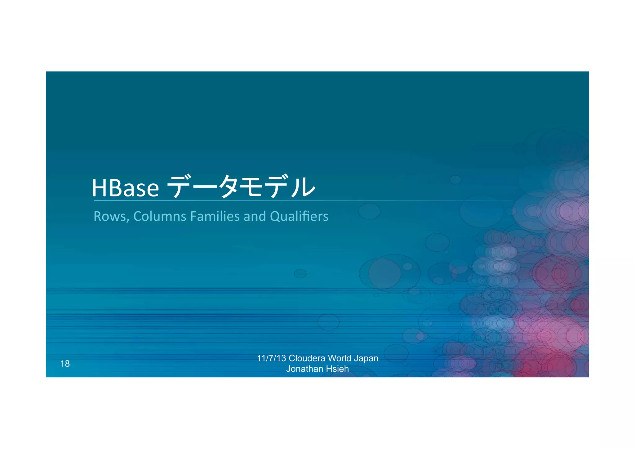 HBase	
  データモデル	
  
Rows,	
  Columns	
  Families	
  and	
  Qualiﬁers	
  

18

11/7/13 Cloudera World Japan
Jonathan Hsieh

 