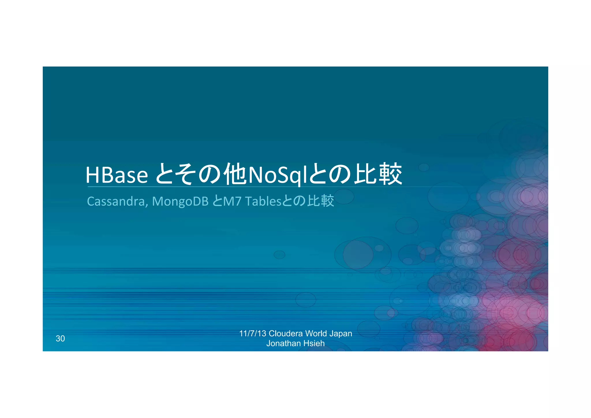 HBase	
  とその他NoSqlとの比較	
  
Cassandra,	
  MongoDB	
  とM7	
  Tablesとの比較	
  

30

11/7/13 Cloudera World Japan
Jonathan Hsieh

 