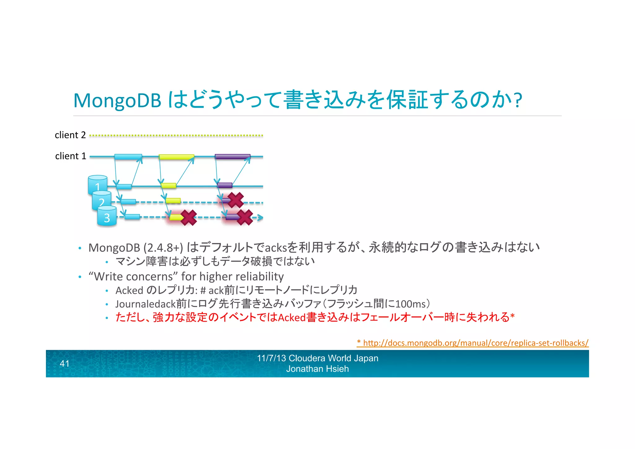 MongoDB	
  はどうやって書き込みを保証するのか?	
  
Parrron!	
  Split	
  brain!	
  

client	
  2	
  

Subtle:	
  Replica	
  with	
  latest	
  logs	
  wins.	
  	
  
Either	
  yellow	
  or	
  orange	
  data	
  is	
  
revoked/lost!	
  

client	
  1	
  

1	
  
2	
  
3	
  
• 

promoted	
  

MongoDB	
  (2.4.8+)	
  はデフォルトでacksを利用するが、永続的なログの書き込みはない	
  
• 

• 

demoted	
  

マシン障害は必ずしもデータ破損ではない	
  

“Write	
  concerns”	
  for	
  higher	
  reliability	
  
• 
• 
• 

Acked	
  のレプリカ:	
  #	
  ack前にリモートノードにレプリカ	
  
Journaledack前にログ先行書き込みバッファ（フラッシュ間に100ms）	
  
ただし、強力な設定のイベントではAcked書き込みはフェールオーバー時に失われる*	
  
*	
  hRp://docs.mongodb.org/manual/core/replica-­‐set-­‐rollbacks/	
  

41

11/7/13 Cloudera World Japan
Jonathan Hsieh

 