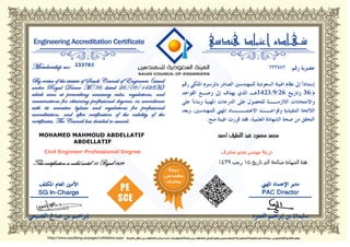 This certification is valid until: 15 Rajab 1439
233782
MOHAMED MAHMOUD ABDELLATIF
ABDELLATIF
Civil Engineer Professional Degree
 