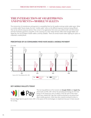 THE EVOLUTION OF PAYMENTS PARTNERS FEDERAL CREDIT UNION
18
KEY MOBILE WALLETS TODAY
The two top platforms at the moment are Google Wallet and Apple Pay,
which both use NFC. NFC will be the prevailing technology for the time
being. It’s the easiest for users to adopt. In the UK some of the major
banks have created NFC tags that could be attached to any phone and
allow mobile payments. Some have also created wristbands similar to
Disney’s Magic Band to pay for items. NFC is the easiest of the technologies to implement because it’s been around
for so long.
THE INTERSECTION OF SMARTPHONES
AND PAYMENTS­—MOBILE WALLETS
The intersection of smartphones and payments is exemplified best by the rapidly evolving mobile wallet space. What
is a mobile wallet? Quite simply, the term “mobile wallet” refers to the different payment solutions being offered
that can be utilized using your phone. They consist of an application that stores your debit/credit card information
and then facilitates payments using NFC or the scanning of a code. Today, Partners offers both Google Wallet and
Apple Pay, the two (2) largest mobile wallets currently available. There are several mobile wallets fighting for space on
a Member’s mobile phone.
80
70
60
50
40
30
20
10
0
2011 2012 2013 2014
PERCENTAGE OF US CONSUMERS WHO HAVE MADE A MOBILE PAYMENT
Percentage
Yes No
Source: IDC: Press Release 2012, 2014
 