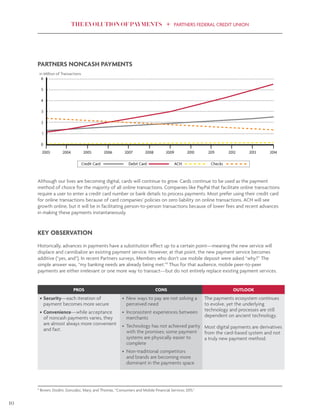 THE EVOLUTION OF PAYMENTS PARTNERS FEDERAL CREDIT UNION
10
Although our lives are becoming digital, cards will continue to grow. Cards continue to be used as the payment
method of choice for the majority of all online transactions. Companies like PayPal that facilitate online transactions
require a user to enter a credit card number or bank details to process payments. Most prefer using their credit card
for online transactions because of card companies’ policies on zero liability on online transactions. ACH will see
growth online, but it will be in facilitating person-to-person transactions because of lower fees and recent advances
in making these payments instantaneously.
KEY OBSERVATION
Historically, advances in payments have a substitution effect up to a certain point—meaning the new service will
displace and cannibalize an existing payment service. However, at that point, the new payment service becomes
additive (“yes, and”). In recent Partners surveys, Members who don’t use mobile deposit were asked “why?” The
simple answer was, “my banking needs are already being met.”9
Thus for that audience, mobile peer-to-peer
payments are either irrelevant or one more way to transact—but do not entirely replace existing payment services.
PARTNERS NONCASH PAYMENTS
PROS CONS OUTLOOK
•	Security—each iteration of
payment becomes more secure
•	Convenience—while acceptance
of noncash payments varies, they
are almost always more convenient
and fast.
•	 New ways to pay are not solving a
perceived need
•	 Inconsistent experiences between
merchants
•	 Technology has not achieved parity
with the promises; some payment
systems are physically easier to
complete
•	 Non-traditional competitors
and brands are becoming more
dominant in the payments space
The payments ecosystem continues
to evolve, yet the underlying
technology and processes are still
dependent on ancient technology.
Most digital payments are derivatives
from the card-based system and not
a truly new payment method.
6
5
4
3
2
1
0
2003 2006 20102004 2007 2011 2012 2013 20142005 20092008
Credit Card Debit Card ACH Checks
in Million of Transactions
9
Brown, Dodini, Gonzalez, Mary, and Thomas. “Consumers and Mobile Financial Services 2015.”
 