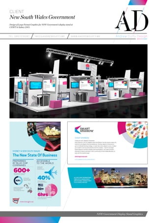 teL: 0857216287 info@andrewduffy.me www.andrewduffy.me
Client
New South Wales Government
Design of Large Format Graphics for NSW Government’s display stand at
CEBIT in Sydney 2013.
NSW Government Display Stand Graphics
 