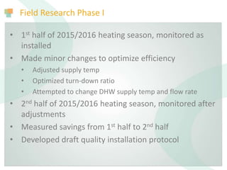 Field Research Phase I
• 1st half of 2015/2016 heating season, monitored as
installed
• Made minor changes to optimize efficiency
• Adjusted supply temp
• Optimized turn-down ratio
• Attempted to change DHW supply temp and flow rate
• 2nd half of 2015/2016 heating season, monitored after
adjustments
• Measured savings from 1st half to 2nd half
• Developed draft quality installation protocol
 