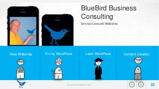 BlueBird Business 
Consulting 
Services around Websites 
Fix my WordPress New Websites Learn WordPress Content creation 
businessbluebird.com 33 
 