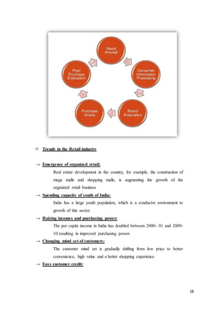 18
 Trends in the Retail industry
→ Emergence of organized retail:
Real estate development in the country, for example, the construction of
mega malls and shopping malls, is augmenting the growth of the
organized retail business
→ Spending capacity of youth of India:
India has a large youth population, which is a conducive environment to
growth of this sector.
→ Raising incomes and purchasing power:
The per capita income in India has doubled between 2000- 01 and 2009-
10 resulting in improved purchasing power.
→ Changing mind set of customers:
The customer mind set is gradually shifting from low price to better
convenience, high value and a better shopping experience
→ Easy customer credit:
 