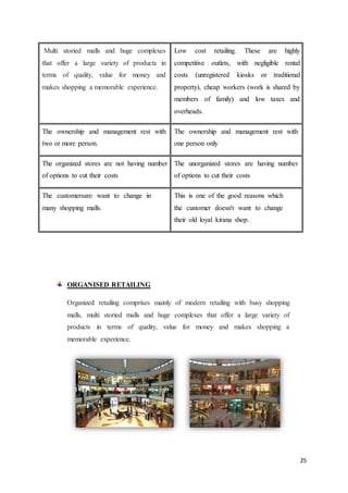 25
Multi storied malls and huge complexes
that offer a large variety of products in
terms of quality, value for money and
makes shopping a memorable experience.
Low cost retailing. These are highly
competitive outlets, with negligible rental
costs (unregistered kiosks or traditional
property), cheap workers (work is shared by
members of family) and low taxes and
overheads.
The ownership and management rest with
two or more person.
The ownership and management rest with
one person only
The organized stores are not having number
of options to cut their costs
The unorganized stores are having number
of options to cut their costs
The customersare want to change in
many shopping malls.
This is one of the good reasons which
the customer doesn't want to change
their old loyal kirana shop.
ORGANISED RETAILING
Organized retailing comprises mainly of modern retailing with busy shopping
malls, multi storied malls and huge complexes that offer a large variety of
products in terms of quality, value for money and makes shopping a
memorable experience.
 