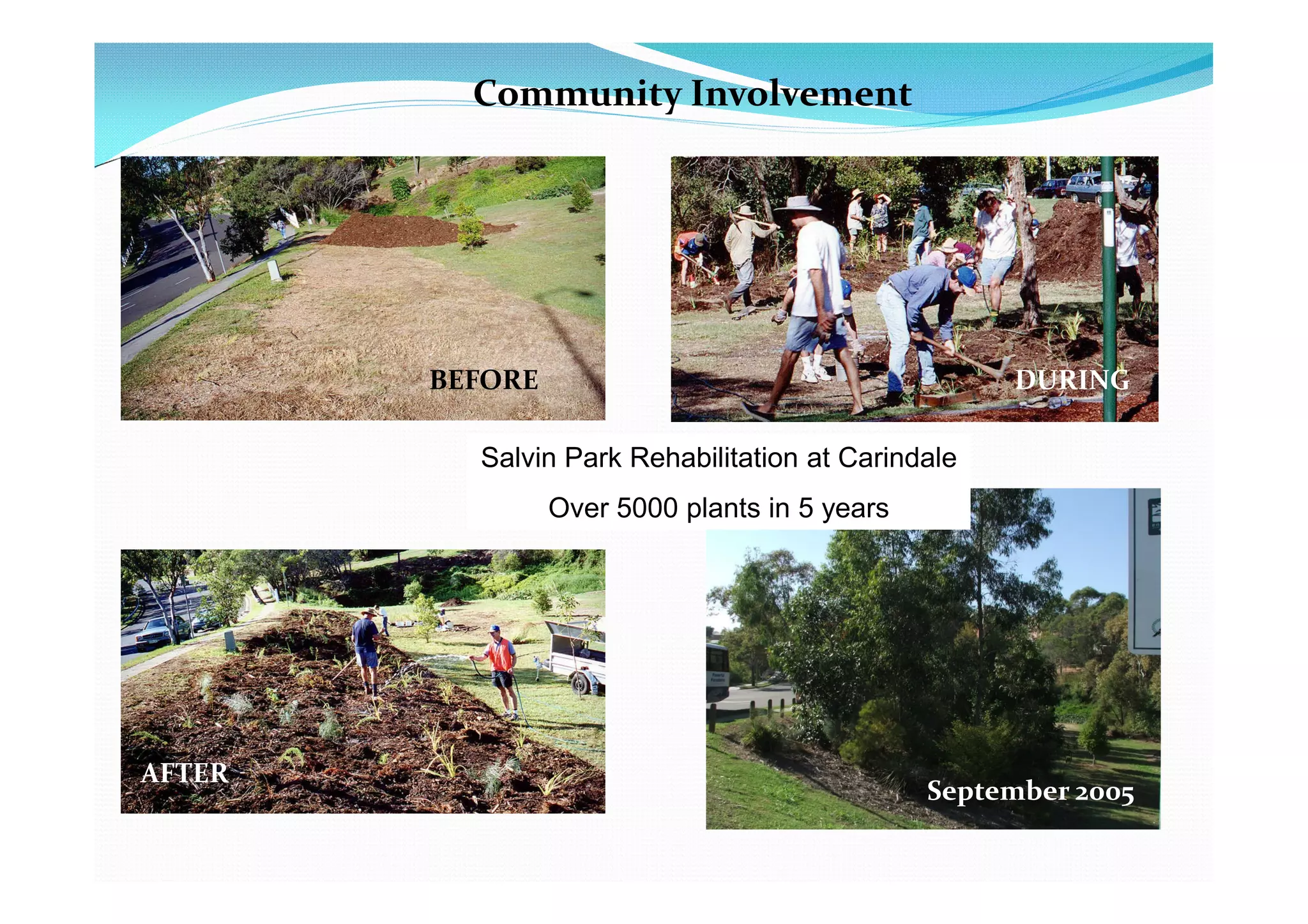Community Involvement




        BEFORE                                      DURING

          Salvin Park Rehabilitation at Carindale
                 Over 5000 plants in 5 years




AFTER
                                               September 2005
 