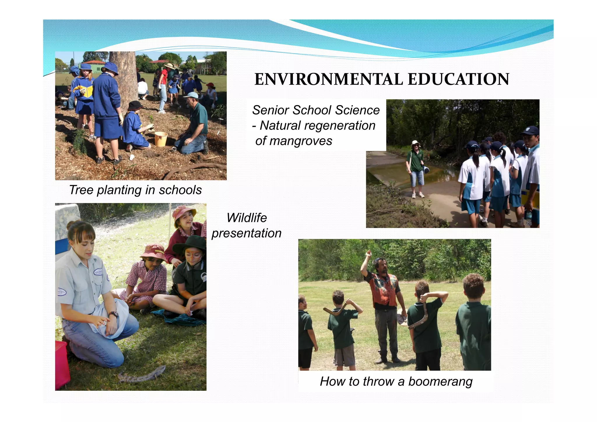 ENVIRONMENTAL EDUCATION
                                 Senior School Science
                                 - Natural regeneration
                                  of mangroves


Tree planting in schools

                             Wildlife
                           presentation




                                            How to throw a boomerang
 