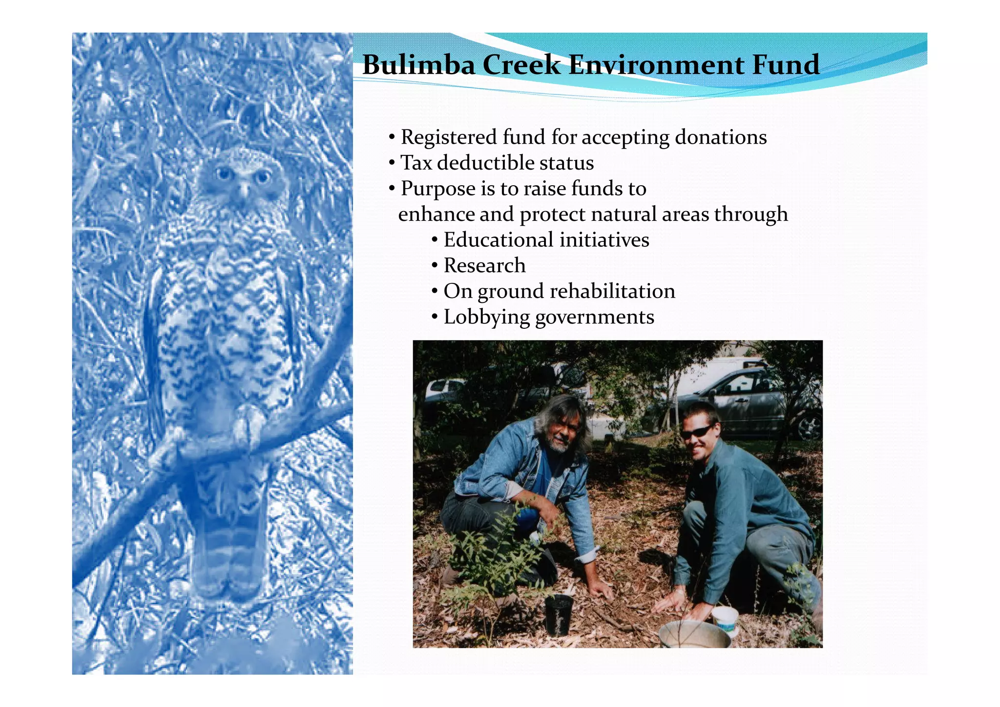 Bulimba Creek Environment Fund

 • Registered fund for accepting donations
 • Tax deductible status
 • Purpose is to raise funds to
   enhance and protect natural areas through
      • Educational initiatives
      • Research
      • On ground rehabilitation
      • Lobbying governments
 