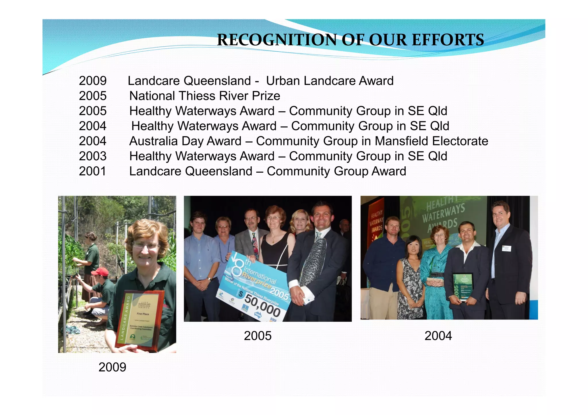RECOGNITION OF OUR EFFORTS

2009     Landcare Queensland - Urban Landcare Award
2005     National Thiess River Prize
2005     Healthy Waterways Award – Community Group in SE Qld
2004      Healthy Waterways Award – Community Group in SE Qld
2004     Australia Day Award – Community Group in Mansfield Electorate
2003     Healthy Waterways Award – Community Group in SE Qld
2001     Landcare Queensland – Community Group Award




                            2005                           2004

  2009
 