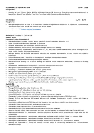 MODERN PREFAB SYSTEMS PVT. LTD Oct’07 - Jun’08
Draughtsman
 Prepared all types Telecom Shelter & Office Building Architectural & Structure or General Arrangements drawings such as
Layout Plan, Ground Floor & Typical Floor Plan, Front, Rear & Side Elevation and Section Details.
SUN DESIGNS Aug’06 – Oct’07
Draughtsman
 Managed Preparation of all types of Architectural & General Arrangements drawings such as Layout Plan, Ground Floor &
Typical Floor Plan, Front, Rear & Side Elevation and Section Details.
******************* Projects Executed In Annexure
ANNEXURE: PROJECTS EXECUTED
BECHTEL INDIA
Commercial Project (Riyadh Metro)
 Manage BIM/Revit Template, Families, Setups; Standards (Shared Parameters, Keynotes, Etc.)
 Under Ground Tunnel & subway Drafting & 3D Modeling.
 Design & Development with modeling in Revit Architectural
 Create 3D Modeling in Wall Footing and Isolated Footing as per structure drawing.
 Involved in preparing Revit Modeling in structures of 2A2, 1J2, 1H2, and 2G1 Park and Ride Metro Station Building structure
as per Design Standard and project specification.
 Manage, Review, and Purchase BIM related Software and Hardware Requirements includes custom Built Powerful
Computers.
 Coordination with Client, Contractors to ensure product delivery as per required standards.
 Coordinate Architecture Revit Modeling drawing and detailing.
 Prepare Structure Working GFC & as built drawing with detail & section. Interaction with client / Architects for drawing
approval.
 Create Family & BIM adaption, Clash Analysis / Reporting / Detection and Resolution
 Manage and supervise BIM team and working together with BIM.
 Reviewing & Coordination the MEP/ARCH. Services against clashes.
 Manage and supervise BIM project for 3D BIM submission.
 Ability to lead team members for any given project.
 Work in central and local files. (Revit) & linking Cad & Revit file in Revit Models.
 Rendering views of building if Client requirements & Import & Exporting as per project requirements.
 Adjusting View Range in Revit as per the Layout & Create View Templates as per the project requirements.
 Checking as per standard requirement of Client and achieve the deadlines of project.
OMAXE. LTD.
Integrated Township
 Manage Multistory Building Rebar Detailing and BBS.
 Manage Building Raft Rebar, Column, Shear wall and Slab detailing.
 Create Rebar family shape and parameter setting.
 Create 3D Modeling in Wall Footing and Isolated Footing as per structure drawing.
 Manage and conduct Omaxe in-house training for advance and actual application/uses of BIM/Revit tools.
 Manage, Review, and Purchase BIM related Software and Hardware Requirements includes custom Built Powerful
Computers.
 Preparation and Development of BIM Manual, BIM Standards, best practices in modeling and documentation.
 Manage and supervise BIM team and working together with BIM.
 Manage and supervise BIM Projects for 3D BIM Submission
 Manage BIM Project from Design Development Phase to Construction Drawings
 Develop, discover, collect, share and manage processes, best practices and techniques of BIM/ REVIT/ other BIM tools
 Drafting and Supervised G+2, Multistoried Township and primary & nursery school at Omaxe City - Royal Street Sec -15,
Bahadurgarh.
 Drafting and Supervised G+2, 3, Multistoried Township and primary & nursery school at Omaxe City, Yamuna Nagar.
 Drafting and Supervised G+2, Township and primary & nursery school at Omaxe City – Rohtak.
 Drafting and Supervised G+2, Township and primary & nursery school at Omaxe City - Swarnaprastha, Sonepat.
 Drafting and Supervised G+2, Villas and primary & nursery school at Omaxe City Mayakhedi Extn - Happy Homes,
Mayakhedi, Indore.
 