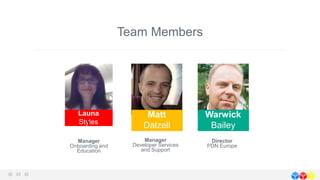 Team Members
Manager
Onboarding and
Education
Launa
Stylese
Manager
Developer Services
and Support
Matt
Dalzell
Director
PDN Europe
Warwick
Bailey
 