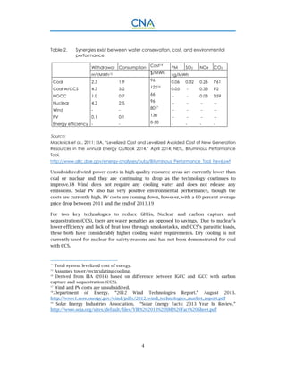 4
Table 2. Synergies exist between water conservation, cost, and environmental
performance
Withdrawal Consumption Cost14
PM SO2 NOx CO2
m3/MWh15 $/MWh kg/MWh
Coal 2.3 1.9 96 0.06 0.32 0.26 761
Coal w/CCS 4.3 3.2 12216
0.05 - 0.33 92
NGCC 1.0 0.7 66 - - 0.03 359
Nuclear 4.2 2.5 96 - - - -
Wind - - 8017
- - - -
PV 0.1 0.1 130 - - - -
Energy efficiency - - 0-50 - - - -
Source:
Macknick et al., 2011; EIA, “Levelized Cost and Levelized Avoided Cost of New Generation
Resources in the Annual Energy Outlook 2014,” April 2014; NETL, Bituminous Performance
Tool,
http://www.alrc.doe.gov/energy-analyses/pubs/Bituminous_Performance_Tool_Rev6.swf
Unsubsidized wind power costs in high-quality resource areas are currently lower than
coal or nuclear and they are continuing to drop as the technology continues to
improve.18 Wind does not require any cooling water and does not release any
emissions. Solar PV also has very positive environmental performance, though the
costs are currently high. PV costs are coming down, however, with a 60 percent average
price drop between 2011 and the end of 2013.19
For two key technologies to reduce GHGs, Nuclear and carbon capture and
sequestration (CCS), there are water penalties as opposed to savings. Due to nuclear’s
lower efficiency and lack of heat loss through smokestacks, and CCS’s parasitic loads,
these both have considerably higher cooling water requirements. Dry cooling is not
currently used for nuclear for safety reasons and has not been demonstrated for coal
with CCS.
14
Total system levelized cost of energy.
15
Assumes tower/recirculating cooling.
16
Derived from EIA (2014) based on difference between IGCC and IGCC with carbon
capture and sequestration (CCS).
17
Wind and PV costs are unsubsidized.
18
.Department of Energy. “2012 Wind Technologies Report.” August 2013.
http://www1.eere.energy.gov/wind/pdfs/2012_wind_technologies_market_report.pdf
19
Solar Energy Industries Association. “Solar Energy Facts: 2013 Year In Review.”
http://www.seia.org/sites/default/files/YIR%202013%20SMI%20Fact%20Sheet.pdf
 
