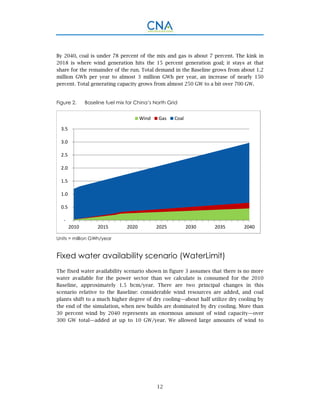 12
By 2040, coal is under 78 percent of the mix and gas is about 7 percent. The kink in
2018 is where wind generation hits the 15 percent generation goal; it stays at that
share for the remainder of the run. Total demand in the Baseline grows from about 1.2
million GWh per year to almost 3 million GWh per year, an increase of nearly 150
percent. Total generating capacity grows from almost 250 GW to a bit over 700 GW.
Figure 2. Baseline fuel mix for China’s North Grid
Units = million GWh/year
Fixed water availability scenario (WaterLimit)
The fixed water availability scenario shown in figure 3 assumes that there is no more
water available for the power sector than we calculate is consumed for the 2010
Baseline, approximately 1.5 bcm/year. There are two principal changes in this
scenario relative to the Baseline: considerable wind resources are added, and coal
plants shift to a much higher degree of dry cooling—about half utilize dry cooling by
the end of the simulation, when new builds are dominated by dry cooling. More than
30 percent wind by 2040 represents an enormous amount of wind capacity—over
300 GW total—added at up to 10 GW/year. We allowed large amounts of wind to
 ‐
 0.5
 1.0
 1.5
 2.0
 2.5
 3.0
 3.5
2010 2015 2020 2025 2030 2035 2040
Wind Gas Coal
 