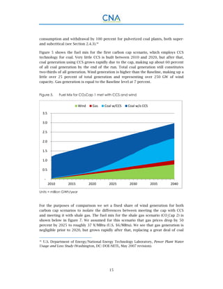 15
consumption and withdrawal by 100 percent for pulverized coal plants, both super-
and subcritical (see Section 2.4.3).38
Figure 5 shows the fuel mix for the first carbon cap scenario, which employs CCS
technology for coal. Very little CCS is built between 2010 and 2020, but after that,
coal generation using CCS grows rapidly due to the cap, making up about 60 percent
of all coal generation by the end of the run. Total coal generation still constitutes
two-thirds of all generation. Wind generation is higher than the Baseline, making up a
little over 25 percent of total generation and representing over 250 GW of wind
capacity. Gas generation is equal to the Baseline level at 7 percent.
Figure 5. Fuel Mix for CO2Cap 1 met with CCS and wind
Units = million GWh/year
For the purposes of comparison we set a fixed share of wind generation for both
carbon cap scenarios to isolate the differences between meeting the cap with CCS
and meeting it with shale gas. The fuel mix for the shale gas scenario (CO2
Cap 2) is
shown below in figure 7. We assumed for this scenario that gas prices drop by 50
percent by 2025 to roughly 37 ¥/MBtu (U.S. $6/MBtu). We see that gas generation is
negligible prior to 2020, but grows rapidly after that, replacing a great deal of coal
38.
U.S. Department of Energy/National Energy Technology Laboratory, Power Plant Water
Usage and Loss Study (Washington, DC: DOE-NETL, May 2007 revision).
 ‐
 0.5
 1.0
 1.5
 2.0
 2.5
 3.0
 3.5
2010 2015 2020 2025 2030 2035 2040
Wind Gas Coal w/CCS Coal w/o CCS
 
