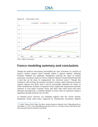 58
Figure 33. Total system costs
Units = billion euros/year
France modeling summary and conclusions
Though the political conversation surrounding the early retirement of a portion of
France’s nuclear capacity hasn’t formally ended, it appears unlikely. Although
President Hollande has publically championed reducing the share of nuclear
generation, statements made by France’s Industry Minister Arnaud Montebourg held
a hard line on the basis of comparatively low electricity prices.83
Though this
situation is still evolving, the prospect of France’s seeing a large reduction in nuclear
capacity appears less likely; thus it will be increasingly important for France to
utilize demand-side strategies to minimize future supply-side requirements and limit
exposure to even larger economic losses and other risks when faced with water
shortages and high heat, a condition familiar to France after its experience during a
significant drought and heat wave in 2003.
As demand grows, however, our modeling suggests that the current nuclear-
dominated energy path—when supported by demand-side investment (High-EE
83.
T. Patel, “France Won’t Shut Any More Atomic Reactors, Minister Says,” Bloomberg News,
November 12, 2013, www.bloomberg.com/news/2013-11-12/france-won-t-shut-down-any-
more-nuclear-reactors-minister-says.html.
 