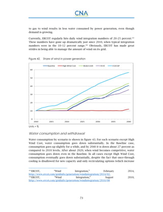 73
to gas to wind results in less water consumed by power generation, even though
demand is growing.
Currently, ERCOT regularly hits daily wind integration numbers of 20–25 percent.105
These numbers have gone up dramatically just since 2010, when typical integration
numbers were in the 10–12 percent range.106
Obviously, ERCOT has made great
strides in being able to manage the amount of wind on its grid.
Figure 42. Share of wind in power generation
Units = %
Water consumption and withdrawal
Water consumption by scenario is shown in figure 43. For each scenario except High
Wind Cost, water consumption goes down substantially. In the Baseline case,
consumption goes up slightly for a while, and by 2040 it is down about 27 percent as
compared to 2010 levels. After about 2020, when wind becomes competitive, water
consumption goes down even in the Baseline. In all cases except High Wind Cost,
consumption eventually goes down substantially, despite the fact that once-through
cooling is disallowed for new capacity and only recirculating options (which increase
105.
ERCOT, “Wind Integration,” February 2014,
http://www.ercot.com/gridinfo/generation/windintegration/2014/02.
106.
ERCOT, “Wind Integration,” August 2010,
http://www.ercot.com/gridinfo/generation/windintegration/2010/08
 