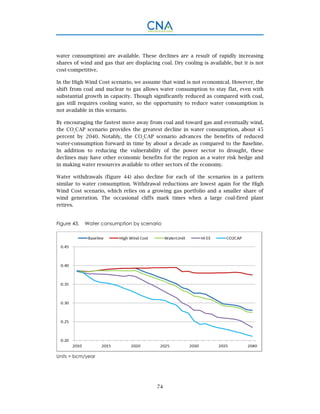 74
water consumption) are available. These declines are a result of rapidly increasing
shares of wind and gas that are displacing coal. Dry cooling is available, but it is not
cost-competitive.
In the High Wind Cost scenario, we assume that wind is not economical. However, the
shift from coal and nuclear to gas allows water consumption to stay flat, even with
substantial growth in capacity. Though significantly reduced as compared with coal,
gas still requires cooling water, so the opportunity to reduce water consumption is
not available in this scenario.
By encouraging the fastest move away from coal and toward gas and eventually wind,
the CO2
CAP scenario provides the greatest decline in water consumption, about 45
percent by 2040. Notably, the CO2
CAP scenario advances the benefits of reduced
water-consumption forward in time by about a decade as compared to the Baseline.
In addition to reducing the vulnerability of the power sector to drought, these
declines may have other economic benefits for the region as a water risk hedge and
in making water resources available to other sectors of the economy.
Water withdrawals (figure 44) also decline for each of the scenarios in a pattern
similar to water consumption. Withdrawal reductions are lowest again for the High
Wind Cost scenario, which relies on a growing gas portfolio and a smaller share of
wind generation. The occasional cliffs mark times when a large coal-fired plant
retires.
Figure 43. Water consumption by scenario
Units = bcm/year
 