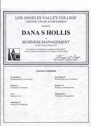 .IL- ~
LOS ANGELES VALLEY COLLEGE
CERTIFICATE OF ACHIEVEMENT
Presented to
DANA S HOLLIS
In
BUSINESS MANAGEMENT
On this 4th day of March 2015
In recognition of satisfactory completion of the official
course of study as prescribed by Los Angeles Valley College
Vice President, Academic Affairs
Courses Completed
Accounting 21
Bookkeeping and Accounting I
Accounting 22
Bookkeeping and Accounting II
Business 1
Introduction to Business
Business 32
Business Communications
Law 1
Business Law I
Management 1
Principles of Management
Marketing 21
Principles of Marketing
 