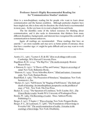 1
Professor Anton’s Highly Recommended Reading list
for “Communication Studies” students
Here is a non-disciplinary reading list for people who want to learn about
communication and the human condition. Although particular chapters have
been singled out, this is done only for direction: the whole book is recommended
in most cases. At the very least, try to read a chapter from each book.
The list identifies some of the richest resources for thinking about
communication, and it also seeks to demonstrate that thinkers from many
different disciplines, backgrounds, and interests have recognized the centrality of
communication to human endeavors.
Again: all readings are recommended. Those readings that have an
asterisk (*) are more readable and may serve as better points of entrance; those
that have a number sign (#) might be quite difficult and you may want to work
up to those.
_______________________________________________________________
Austin, J. L. (1962). “Lecture I, II, & III,” How to do things with words.
Cambridge, MA: Harvard University Press.
Bagdikian, B. H. (2004). “The Big Five,” The media monopoly. Boston:
Beacon Press.
# Bateson, G. (1972). “A Theory of Play and Fantasy,” Steps to an ecology of
mind. New York: Ballantine Books.
* Bateson, G. (1979). “Every Schoolboy Know,” Mind and nature: A necessary
unity. New York: Bantam Books.
Baudrillard, J. (1983). “The Precession of Simulacra,” Simulations. New York:
Semiotext(e), Inc.
* Becker, E. (1971). “Self-Esteem,” & “Staging of Self-Esteem,” The birth and
death of meaning: An interdisciplinary perspective on the problem of
man. (2nd
Ed). New York: The Free Press.
Becker, E. (2005). “The Spectrum of Loneliness,” In D. Liechty (Ed.), The
Ernest Becker reader. Seattle WA: University of Washington Press.
Bennis, W. (1989). On Becoming a Leader. Mass: Addison-Wesley
Publishing Co.
Berger, J. (1977). “Chapter 7,” Ways of seeing. New York: Penguin Books.
Berger, P. L., & Luckmann, T. (1966). “The Foundations of Knowledge in
Everyday Life,” The social construction of reality: A treatise in the
sociology of knowledge. New York: Doubleday.
 