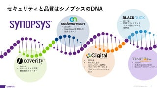 © 2019 Synopsys, Inc. 6
• 2015年
• Heartbleedを発⾒した
技術とチーム
• 2014年
• セキュリティと品質、
静的解析のリーダー
• 2016年
• 400⼈以上の
セキュリティ専⾨家
• マネージドサービスと
プロフェッショナルサー
ビス
• 2017年
• OSSセキュリティと
リスク管理ツールと
専⾨家
セキュリティと品質はシノプシスのDNA
• 2020年
• 先進的なDAST技術
• Web API のセキュリティ
 