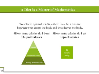 A Diet is a Matter of Mathematics To achieve optimal results – there must be a balance between what enters the body and what leaves the body. How many calories do I burn? Output Calories How many calories do I eat? Input Calories 24 hours a day Sports? Daily physical activity Resting  Metabolic Rate 