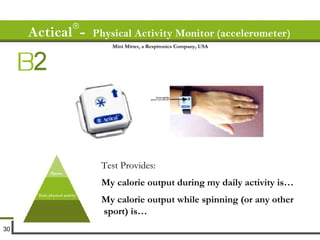 Test Provides:  My calorie output during my daily activity is… My calorie output while spinning (or any other sport) is…  Actical  -  Physical Activity Monitor (accelerometer)   Mini Mitter, a Respironics Company, USA Sports? Daily physical activity 