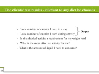 The clients’ test results - relevant to any diet he chooses   -  Total number of calories I burn in a day -  Total number of calories I burn during activity -  Is the physical activity a requirement for my weight loss? -  What is the most effective activity for me? -  What is the amount of liquid I need to consume? Output 