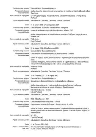 Função ou cargo ocupado Consultor Sénior Business Intelligence
Principais actividades e
responsabilidades
Análise, desenho, desenvolvimento e manutenção do modelos de Suporte á Decisão e Data
Warehouse.
Nome e morada do empregador GFI Portugal (Portugal) - Texas Instruments, Estados Unidos (Dallas) e França (Nice).
(Portugal)
Tipo de empresa ou sector Actividades De Consultoria, Científicas, Técnicas E Similares
Datas 01 de Janeiro 2006 - 31 de Dezembro 2007
Função ou cargo ocupado Consultoria PHC e Consultor Sénior Business Intelligence
Principais actividades e
responsabilidades
Instalação, análise e configuração de projectos em software PHC.
Análise, desenvolvimento de Data Warehouse e modelos OLAP para integração com o
software PHC.
Nome e morada do empregador PHC - Norte
Porto (Portugal)
Tipo de empresa ou sector Actividades De Consultoria, Científicas, Técnicas E Similares
Datas 07 de Agosto 2004 - 31 de Dezembro 2005
Função ou cargo ocupado Consultor Sénior Business Intelligence
Principais actividades e
responsabilidades
Consultoria em Business Intelligence e Desenvolvimento à Medida.
Gestão de projecto, análise, desenvolvimento e implementação de projectos nas seguintes
áreas:
- Business Intelligence, nomeadamente sistemas de suporte à decisão e data warehouse;
- Desenvolvimento de aplicações web e nativas para as plataformas Windows.
Nome e morada do empregador Ascensus - CDSI
(Portugal)
Tipo de empresa ou sector Actividades De Consultoria, Científicas, Técnicas E Similares
Datas 19 de Fevereiro 2001 - 31 de Agosto 2003
Função ou cargo ocupado Consultor Sénior Business Intelligence
Principais actividades e
responsabilidades
Consultoria em Business Intelligence na área da Banca e Seguros.
Análise, desenvolvimento e implementação de projectos Business Intelligence.
Nomeadamente sistemas de suporte à decisão e Data Warehouse.
Nome e morada do empregador NOVABASE Suporte à Decisão
Lisboa (Portugal)
Tipo de empresa ou sector Actividades De Consultoria, Científicas, Técnicas E Similares
Datas 2000 - 18 de Fevereiro 2001
Função ou cargo ocupado Consultor Especialista Em Suporte à Decisão
Principais actividades e
responsabilidades
Consultoria em sistemas de Suporte à Decisão na área da saúde.
Gestão de Projecto, análise, desenvolvimento e implementação de projectos de suporte à
decisão (Data Warehouse, Executive Information Systems e Decision Systems Support) na
Área da Saúde.
Nome e morada do empregador A2 - SIG
Espinho (Portugal)
Tipo de empresa ou sector Actividades De Consultoria, Científicas, Técnicas E Similares
Datas 01 de Outubro 1996 - 2000
Página 2 / 6 - Curriculum vitae de
Paulo Silva
Para mais informações sobre o Europass, consulte http://europass.cedefop.europa.eu
© União Europeia, 2002-2010 24082010
 