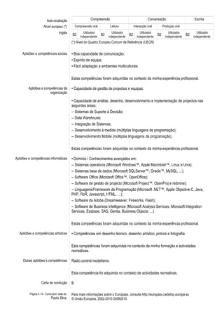 Auto-avaliação Compreensão Conversação Escrita
Nível europeu (*) Compreensão oral Leitura Interacção oral Produção oral
Inglês B2
Utilizador
independente
B2
Utilizador
independente
B2
Utilizador
independente
B2
Utilizador
independente
B2
Utilizador
independente
(*) Nível do Quadro Europeu Comum de Referência (CECR)
Aptidões e competências sociais • Boa capacidade de comunicação;
• Espírito de equipa;
• Fácil adaptação a ambientes multiculturais
Estas competências foram adquiridas no contexto da minha experiência profissional.
Aptidões e competências de
organização
• Capacidade de gestão de projectos e equipas;
• Capacidade de análise, desenho, desenvolvimento e implementação de projectos nas
seguintes áreas:
-- Sistemas de Suporte à Decisão;
-- Data Warehouse;
-- Integração de Sistemas;
-- Desenvolvimento à medida (múltiplas linguagens de programação);
-- Desenvolvimento Mobile (múltiplas linguagens de programação).
Estas competências foram adquiridas no contexto da minha experiência profissional.
Aptidões e competências informáticas • Domínio / Conhecimentos avançados em:
-- Sistemas operativos (Microsoft Windows™, Apple Macintosh™, Linux e Unix);
-- Sistemas base de dados (Microsoft SQLServer™, Oracle™, MySQL, ...);
-- Software Office (Microsoft Office™, OpenOffice);
-- Software de gestão de projecto (Microsoft Project™, OpenProj e redmine);
-- Linguagens/Framework de Programação (Microsoft .NET™, Apple Objective-C, Java,
PHP, RoR, Javascript, HTML, …);
-- Software da Adobe (Dreamweaver, Fireworks, Flash);
-- Software de Business Intelligence (Microsoft Analysis Services, Microsoft Integration
Services, Essbase, SAS, Gentia, Business Objects, ...)
Estas competências foram adquiridas no contexto da minha experiência profissional.
Aptidões e competências artísticas • Competências em desenho técnico, desenho artístico, pintura e fotografia.
Esta competências foram adquiridas no contexto da minha formação e actividades
recreativas.
Outras aptidões e competências Radio control modelismo.
Esta competência foi adquirida no contexto de actividades recreativas.
Carta de condução B
Página 5 / 6 - Curriculum vitae de
Paulo Silva
Para mais informações sobre o Europass, consulte http://europass.cedefop.europa.eu
© União Europeia, 2002-2010 24082010
 