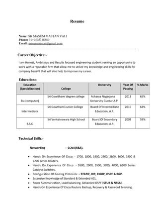 Resume
Name: SK MASUM MASTAN VALI
Phone: 91+9505318680
Email: masummastan@gmail.com
Career Objective:-
I am Honest, Ambitious and Results focused engineering student seeking an opportunity to
work with a reputable firm that allow me to utilize my knowledge and engineering skills for
company benefit that will also help to improve my career.
Education:-
Technical Skills:-
Networking : CCNA(R&S),
• Hands On Experience Of Cisco: - 1700, 1800, 1900, 2600, 2800, 3600, 3800 &
7200 Series Routers.
• Hands On Experience Of Cisco: - 2600, 2900, 3500, 3700, 4000, 6500 Series
Catalyst Switches.
• Configuration Of Routing Protocols: – STATIC, RIP, EIGRP, OSPF & BGP.
• Extensive Knowledge of Standard & Extended ACL.
• Route Summarization, Load balancing, Advanced OSPF (STUB & NSSA).
• Hands On Experience Of Cisco Routers Backup, Recovery & Password Breaking.
Education
(Specialization) College
University Year Of
Passing
% Marks
Bs.(computer)
Sri Gowithami degree college Acharya Nagarjuna
Univarsity Guntur,A.P
2013 65%
Intermediate
Sri Gowthami Junior College Board Of Intermediate
Education, A.P.
2010 62%
S.S.C
Sri Venkateswara High School Board Of Secondary
Education, A.P.
2008 59%
 