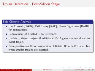 Trojan Detection : Post-Silicon Stage
Side Channel Analysis
Use Current [Dak07], Path Delay [Jin08], Power Signatures [Rad10]
for comparision.
Requirement of Trusted IC for reference.
Unable to detect trojans, if additional 10-12 gates are introduced to
insert trojan.
False positive result on comparision of Golden IC with IC Under Test,
when smaller trojans are inserted.
Animesh Basak Chowdhury (ISI Kolkata) HT Detection June 07, 2016 13 / 31
 