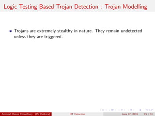 Logic Testing Based Trojan Detection : Trojan Modelling
Trojans are extremely stealthy in nature. They remain undetected
unless they are triggered.
Animesh Basak Chowdhury (ISI Kolkata) HT Detection June 07, 2016 15 / 31
 