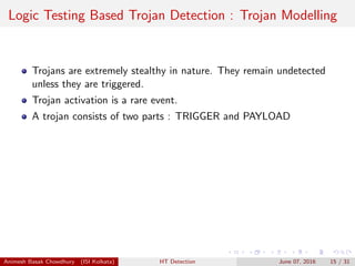 Logic Testing Based Trojan Detection : Trojan Modelling
Trojans are extremely stealthy in nature. They remain undetected
unless they are triggered.
Trojan activation is a rare event.
A trojan consists of two parts : TRIGGER and PAYLOAD
Animesh Basak Chowdhury (ISI Kolkata) HT Detection June 07, 2016 15 / 31
 