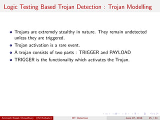 Logic Testing Based Trojan Detection : Trojan Modelling
Trojans are extremely stealthy in nature. They remain undetected
unless they are triggered.
Trojan activation is a rare event.
A trojan consists of two parts : TRIGGER and PAYLOAD
TRIGGER is the functionailty which activates the Trojan.
Animesh Basak Chowdhury (ISI Kolkata) HT Detection June 07, 2016 15 / 31
 