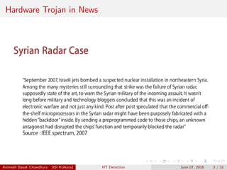 Hardware Trojan in News
Animesh Basak Chowdhury (ISI Kolkata) HT Detection June 07, 2016 3 / 31
 