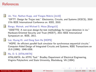 References
Jin, Yier, Nathan Kupp, and Yiorgos Makris [Jin10]
”DFTT: Design for Trojan test.” Electronics, Circuits, and Systems (ICECS), 2010
17th IEEE International Conference on. IEEE, 2010.
Banga, Mainak, and Michael S. Hsiao [Banga11]
”ODETTE: A non-scan design-for-test methodology for trojan detection in ics.”
Hardware-Oriented Security and Trust (HOST), 2011 IEEE International
Symposium on. IEEE, 2011.
Lee, Hyung Ki, and Dong Sam Ha [HOPE]
”HOPE: An eﬃcient parallel fault simulator for synchronous sequential circuits.”
Computer-Aided Design of Integrated Circuits and Systems, IEEE Transactions on
15.9 (1996): 1048-1058.
Ha, D. S. [ATALANTA]
ATALANTA: An ATPG Tool.” Bradley Department of Electrical Engineering,
Virginia Polytechnic and State University, Blacksburg, VA (1994).
Animesh Basak Chowdhury (ISI Kolkata) HT Detection June 07, 2016 29 / 31
 