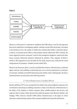 16	
Figure 1
Moreover, at this point it is important to emphasize that U&G theory is not the only approach
that can be employed in investigating students’ attitudes towards SNS advertising. According
to the literature review, the number of studies have utilized either Keller’s motivation theory
or theory of reasoned action (TRA) as their primary theories (Motiwalla 2007). Namely, the
former approach assesses consumers’ motives from managerial standpoint, whereas the latter
theory examines behavioral intentions influenced by attitudes. Thus, adoption of Keller’s
model or TRA approach was not favorable for this study, because they could provide varied
interpretations of consumers’ attitudes towards mobile SNA.
Based on the discussion above, it can be concluded that irritation, informativeness, emotional
appel, creativity, and credibility of advertising may serve as the key dimensions in evaluation
of customers’ attitudes toward SNS advertising in the mobile context. Subsequently, the above
mentioned factors are discussed in the following sections.
2.5 The Informativeness of mobile SNS ad
Resnik and Bruce (1977) were amongst the first scholars who acknowledged an important role
of informative advertising in enabling consumers to make wiser decisions. Informativeness is
the ability of the marketer to inform customers about valuable products and services, and
empower them to make a better decision that yields the greatest value (Rotzoll, Haefner, and
Sandage 1990). Likewise, Ducoffe (1996) defines informativeness as the degree to which
advertisers and advertising medium offer customers helpful and resourceful information.
 