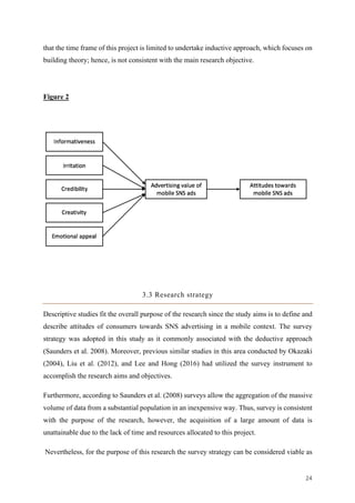24	
that the time frame of this project is limited to undertake inductive approach, which focuses on
building theory; hence, is not consistent with the main research objective.
Figure 2
3.3 Research strategy
Descriptive studies fit the overall purpose of the research since the study aims is to define and
describe attitudes of consumers towards SNS advertising in a mobile context. The survey
strategy was adopted in this study as it commonly associated with the deductive approach
(Saunders et al. 2008). Moreover, previous similar studies in this area conducted by Okazaki
(2004), Liu et al. (2012), and Lee and Hong (2016) had utilized the survey instrument to
accomplish the research aims and objectives.
Furthermore, according to Saunders et al. (2008) surveys allow the aggregation of the massive
volume of data from a substantial population in an inexpensive way. Thus, survey is consistent
with the purpose of the research, however, the acquisition of a large amount of data is
unattainable due to the lack of time and resources allocated to this project.
Nevertheless, for the purpose of this research the survey strategy can be considered viable as
 