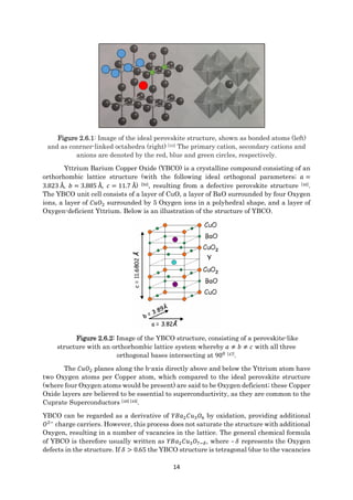 14
Figure 2.6.1: Image of the ideal perovskite structure, shown as bonded atoms (left)
and as conrner-linked octahedra (right) [44] The primary cation, secondary cations and
anions are denoted by the red, blue and green circles, respectively.
Yttrium Barium Copper Oxide (YBCO) is a crystalline compound consisting of an
orthorhombic lattice structure (with the following ideal orthogonal parameters; 𝑎 =
3.823 Å, 𝑏 = 3.885 Å, 𝑐 = 11.7 Å) [50], resulting from a defective perovskite structure [46].
The YBCO unit cell consists of a layer of CuO, a layer of BaO surrounded by four Oxygen
ions, a layer of 𝐶𝑢𝑂2 surrounded by 5 Oxygen ions in a polyhedral shape, and a layer of
Oxygen-deficient Yttrium. Below is an illustration of the structure of YBCO.
Figure 2.6.2: Image of the YBCO structure, consisting of a perovskite-like
structure with an orthorhombic lattice system whereby 𝑎 ≠ 𝑏 ≠ 𝑐 with all three
orthogonal bases intersecting at 900 [47].
The 𝐶𝑢𝑂2 planes along the b-axis directly above and below the Yttrium atom have
two Oxygen atoms per Copper atom, which compared to the ideal perovskite structure
(where four Oxygen atoms would be present) are said to be Oxygen deficient; these Copper
Oxide layers are believed to be essential to superconductivity, as they are common to the
Cuprate Superconductors [48] [49].
YBCO can be regarded as a derivative of 𝑌𝐵𝑎2 𝐶𝑢3 𝑂6 by oxidation, providing additional
𝑂2−
charge carriers. However, this process does not saturate the structure with additional
Oxygen, resulting in a number of vacancies in the lattice. The general chemical formula
of YBCO is therefore usually written as 𝑌𝐵𝑎2 𝐶𝑢3 𝑂7−𝛿, where – 𝛿 represents the Oxygen
defects in the structure. If 𝛿 > 0.65 the YBCO structure is tetragonal (due to the vacancies
 