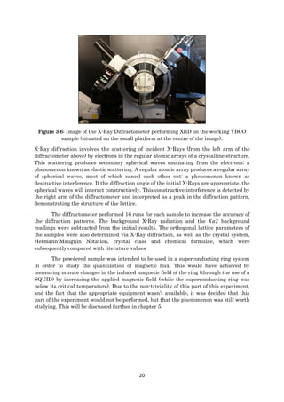 20
Figure 3.6: Image of the X-Ray Diffractometer performing XRD on the working YBCO
sample (situated on the small platform at the centre of the image).
X-Ray diffraction involves the scattering of incident X-Rays (from the left arm of the
diffractometer above) by electrons in the regular atomic arrays of a crystalline structure.
This scattering produces secondary spherical waves emanating from the electrons; a
phenomenon known as elastic scattering. A regular atomic array produces a regular array
of spherical waves, most of which cancel each other out; a phenomenon known as
destructive interference. If the diffraction angle of the initial X-Rays are appropriate, the
spherical waves will interact constructively. This constructive interference is detected by
the right arm of the diffractometer and interpreted as a peak in the diffraction pattern,
demonstrating the structure of the lattice.
The diffractometer performed 16 runs for each sample to increase the accuracy of
the diffraction patterns. The background X-Ray radiation and the 𝐾𝛼2 background
readings were subtracted from the initial results. The orthogonal lattice parameters of
the samples were also determined via X-Ray diffraction, as well as the crystal system,
Hermann-Mauguin Notation, crystal class and chemical formulae, which were
subsequently compared with literature values
The powdered sample was intended to be used in a superconducting ring system
in order to study the quantization of magnetic flux. This would have achieved by
measuring minute changes in the induced magnetic field of the ring (through the use of a
SQUID) by increasing the applied magnetic field (while the superconducting ring was
below its critical temperature). Due to the non-triviality of this part of this experiment,
and the fact that the appropriate equipment wasn’t available, it was decided that this
part of the experiment would not be performed, but that the phenomenon was still worth
studying. This will be discussed further in chapter 5.
 