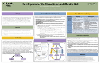Abstract
Development of the Microbiome and Obesity Risk
Kara Lechtenberg and Megan Osborne
Department of Food Science & Human Nutrition, Colorado State University, Fort Collins, CO
Spring 2016
Role of Microbiome in ObesityFactors of Microbiome Development
Applications/Conclusions
References
The colonization of the human microbiome occurs both before and after birth. There
are several environmental factors that have a significant impact on the development
of the microbiota composition over the first year of life. However, once diet is
introduced it plays the most significant role in cultivating the microbiome. These
bacteria are essential to human health and may impact the development of obesity
due to their contribution to energy regulation and inflammation. The research shows
a possible link between the composition of the infant microbiota and risk of
obesity/overweight.
Physiology
The human gut microbiome is cultivated during and after birth, and develops into an adult
microbiome by 19-36 months of life which is affected by the following factors5:
• Birth Mode: Vaginal delivery associated with higher Bacteriodetes and cesarean section
associated with initial risk of obesity (hygiene hypothesis)6
• Initial Feeding: Breastfeeding increases Bifidobacerium and Bacteriodetes via human
milk oligosaccharides7
• Antibiotic Usage: Alters the abundance and composition of bacteria (dysbiosis)7
• Diet:
• High fiber content foods such as plants  fermented by the gut microbiota more
abundant and diverse microbiome.8
• A study compared the gut microbiota between children from Europe (high fat, low
fiber diet) and rural Africa (low fat, high fiber diet).9
• The microbiome of the EU children had higher Firmicutes and
lower Bacteroidetes and displayed dysbiosis.9
• Sample groups had similar microbiome composition at young age.
However, the older children showed drastic differences in their microbiota
composition meaning diet plays the most dominant role in developing the
microbiome.9
• A study compared the effects of low fat/high plant diet and high fat/high sugar
diet on the microbiome composition in mice.10
• The high fat/high sugar diet resulted in higher Firmicutes and decrease in
Bacteroidetes.10
Objectives
1) Determine the environmental factors that impact the development of the infant
microbiome.
2) Determine the effect of the infant microbiome on obesity/overweight risk later in
life.
3) Determine the mechanisms involved in the altered microbiome composition and
obesity risk.
Factors:
•Mode of Delivery
•Antibiotics
•Initial feeding
method
•Maternal health
•Diet Altered Gut
Microbiome:
•High Firmicutes:
Bacteriodetes
•Dysbiosis
Mechanism
Pathways:
•↑ Energy Harvest
•↑ Lipogenesis
•↑ Inflammation
↑ Risk of Childhood
Obesity
Altered GI Microbiome
SCFAs
↑ Energy
Harvest
LPS
↑Inflammation
Weight Gain
Enterocytes
↑ Lipogenesis
Gpr41
Gpr43
Fiaf
Translocation&
Chylomicrons
Altered Gene
Function
Description Mechanism Research Study
Increased
Energy
Harvest
• Ferment nondigestable CHO’s
into SCFAs.
• SCFAs used as additional energy
source for coloncytes.3
• Mice transplanted with obese microbiota
had significantly greater percentage ↑ in
body fat than mice transplanted with lean
microbiota, when consuming same type &
amount of food. 11
Increased
Lipogenesis
• Gpr41/Gpr43 receptors bound
by SCFAs→ ↑ adipogenesis 3
• Component of microbiome
suppresses fasting induced
adipose factor (Fiaf)→
↑Lipoprotein lipase activity→
↑lipogenesis & ↓TG metabolism3
• Germ-free mice colonized with SCFAs
producing bacteria had ↑ in percentage
body fat and weight. 12
• In Gpr41-/-mice, ↑ in weight & adiposity
does not occur. 12
• Fiaf-/- mice have same amount body fat as
colonized mice 13
Increased
Host
Inflammation
• LPS from gram negative bacteria
translocates or is carried by
chylomicrons across enterocytes.
• LPS triggers innate immune
response via CD14 cells. 3
• Rats infused with low doses of LPS for 4
weeks and rats on a high-fat diet for 4
weeks displayed similar weight gain. 14
• CD14-/-rats infused with LPS displayed no
weight gain. 14
1. Fast Facts on the State of Obesity in America. The State of Obesity. Available at: http://stateofobesity.org/fastfacts/. Accessed April 7, 2016.
2. Pandita A. Sharma D, et al. Childhood obesity: prevention is better than cure. Diabetes Metab Syndr Obes. 2016; 9: 83-89. doi: 10.2147/DMSO.S90783
3. Graham C., Mullen A., Whelan K. Obesity and the gastrointestinal microbiota: a review of associations and mechanisms. Nutrition Reviews. 2015; 73: 376-385. Doi: 10.1093/nutrit/nuv004.
4. Bervoets L, Van Hoorenbeeck K, Kortleven I, et al. Differences in gut microbiota composition between obese and lean children: a cross-sectional study. Gut Pathog. 2013; 5: 10. doi: 10.1186/1757-4749-5-10.
5. Weir T. Probiotics, Prebiotics and Gut Health: Colorado Stat University; April 5, 2016; Fort Collins, CO.
6. Pei Z, Heinrich J, Fuertes E, et al. Cesarean Delivery and Risk of Childhood Obesity. Jrn of Ped. 2014; 164 (5): 1068-1073.e2.doi: 10.1016/j.jpeds.2013.12.044
7. Mueller N, Bakacs E, Combellick J, Grigoryan Z, Dominguez-Bello M. The infant microbiome development: mom matters. Trends Mol Med. 2015 Feb; 21(2): 109–117. doi:10.1016/j.molmed.2014.12.002
8. Wong J, Esfahani A, Mirrahimi A, et al. Gut microbiota, diet and heart disease. Journal of AOAC. 2012; 95(1): 24-30. doi: 10.5740/jaoacint.SGE_Wong
9. Filippo C, Cavalieri D, Paola M, et al. Impact of diet in shaping gut microbiota revealed by a comparative study in children from Europe and rural Africa. PNAS. 2010; 107(33): 14691-14696. doi: 10.1073/pnas.1005963107
10. Turnbaugh P, Ridaura V, et al. The Effect of Diet on the Human Gut Microbiome: A Metagenomic Analysis in Humanized Gnotobiotic Mice. Sci Transl Med. 2009; 1(6): 1-19. doi:10.1126/scitranslmed.3000322
11. Turnbaugh P, Ley R, Mahowald M, Magrini V, Mardis E, Gordon J. An obesity-associated gut microbiome with increased capacity for energy harvest. Nature. 2006; 444(21): np. Doi:10.1038/nature05414.
12. Samuel B, Shaito A, Motoike T, et al. Effects of the gut microbiota on host adiposity are modulated by short-chain fatty-acid binding G protein coupled receptor, Gpr41. Proc Natl Acad Sci USA. 2008; 105: 16767-16772. doi:
10.1073/pnas.0808567105.
13. Backhed F, et al. The gut microbiota as an environmental factor that regulates fat storage. Proc Natl Acad Sci U S A. 2004;101(44):15718–15723.
14. Cani P, Amar J, Iglesias MA, et al. Metabolic Endotoxemia Initiates Obesity and Insulin Resistance. Diabetes. 2007; 56 (7): 1761-1772. doi: 10.2337/db06-1491.
15. Luoto R, Collado M.C, Salminen S, Isolauri E. Reshaping the Gut Microbiota at an Early Age: Functional Impact on Obesity Risk? . Ann Nutr Metab. 2013; 63 (suppl 2) : 17-26. doi:10.1159/000354896.
Figure 2: Physiology of the altered GI microbiome and mechanisms linking it to the risk of obesity
Picture modified from: Koleva P, Bridgman S, Kozyrskyj A. The infant gut microbiome: evidence for obesity risk and dietary intervention. Nutrients. 2015; 7: 2237-2260. doi: 10.3390/nu70422371
Introduction
Obesity has become the most prevalent nutritional disorder among children. In only 30
years, the incidence of obesity among children nationwide has jumped from 5% to 17%.1
Children who are obese or overweight have an increased likelihood of being obese as
adults.2 Therefore obese and overweight children are at higher risk for developing severe
comorbidities later in life such as metabolic syndrome, type 2 diabetes and nonalcoholic
fatty liver disease which may decrease life expectancy.2 Currently the most accepted
strategies to combat obesity are lifestyle changes such as adjusting dietary and physical
activity habits. However, new research suggests that gut microbiota is involved in energy
regulation and inflammation, which indicates it could play a role in obesity (see Figure 1).3
Obesity has been associated with high intestinal concentration of Firmicutes and low
concentrations Bacteroidetes.4 While lean individuals showed higher intestinal
concentration of Bacteroidetes and low concentrations of Firmicutes paired with higher
diversity and abundance.4 However, there are several lifestyle factors that play a role in the
microbiome composition and development of obesity.
Diet
GI
Microbiome
Obesity
Figure 1: Interaction between dietary intake, GI microbiome
composition and potential risk of obesity development
With current understanding of the relationship between diet, the microbiome, and obesity
the following applications are possible:
• Modulate microbiome through prebiotics and probiotics15, fecal transplants, and diets
high in fiber, low in fat to prevent and treat weight gain/obesity.
• Educate healthcare providers on role of microbiome in obesity development and how to
prevent and treat obesity through modulating microbiome.
• Educate mothers on how to help develop their child’s microbiome in order to prevent and
treat obesity.
• Conduct further research into the underlying mechanisms that link diet and microbiome
to obesity.
As shown, the development of the microbiome is impacted by many factors from a young
age with dietary intake being the most pronounced. While the mechanisms are not yet fully
understood, the relationship between diet, the microbiome, and obesity is a promising area
for further research that could provide new methods for treating and preventing obesity. 3
 