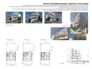 PRIVATE APARTMENT BUILDING, MAROUSSI, ATTICA (2009)
On a quiet neighborhood of an Athenian suburb, this three-storey apartment building combines minimal character and modern facades
with energy efficient windows, shading elements made of reinforced concrete and typical colors of the Athenian environment (terracotta, gray and white colors).
It consists of five levels, connecting with a staircase and a lift:
on the basement level we have parking and other ancillary storage spaces, on the ground floor level we have common areas (main entrance, staircase, lift),
on the first floor we have one apartment and on the 2nd and 3th floor we have a maisonnette.
First Floor Plan 2nd Floor Plan
Section
General Views
3rd Floor Plan
Designing Process
 