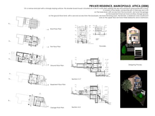 PRIVATE RESIDENCE, MARKOPOULO, ATTICA (2008)
On a narrow land plot with a strongly sloping surface, this double-faced house is situated on a hill of a rural area viewing the sea and waving its wing panels like a boat.
It consists of four levels, connecting with a staircase and a lift:
on the lower level, with access from the local path, we have the garage,
on the basement level we have ancillary storage spaces,
on the ground floor level, with a second access from the backyard, we have the living room, the kitchen, a bedroom and a bathroom
and on the upper floor we have three bedrooms and a bathroom.
Garage Floor Plan
Basement Floor Plan
Ground Floor Plan
Facades
Roof Floor Plan
Section C-C’
First Floor Plan
Section A-A’
Designing Process
 