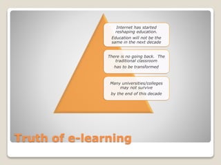Truth of e-learning
Internet has started
reshaping education.
Education will not be the
same in the next decade
There is no going back. The
traditional classroom
has to be transformed
Many universities/colleges
may not survive
by the end of this decade
 